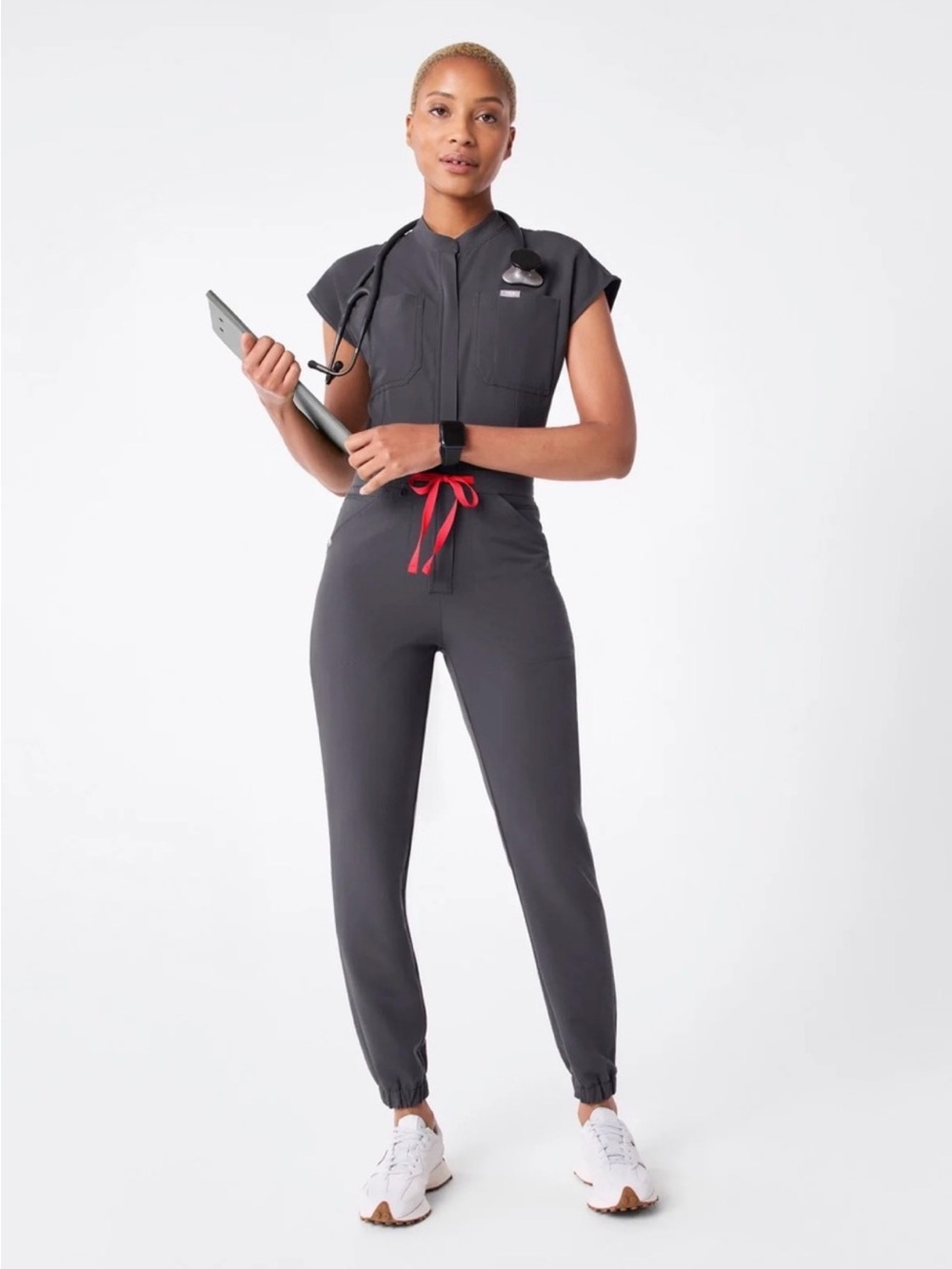 FIGS Women’s Charcoal Utility Jumpsuit with Red Drawstring